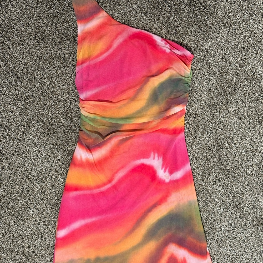 Glassons One-Shoulder Swirl Sunset Mesh Bodycon Dress in Pink, Orange & Green
